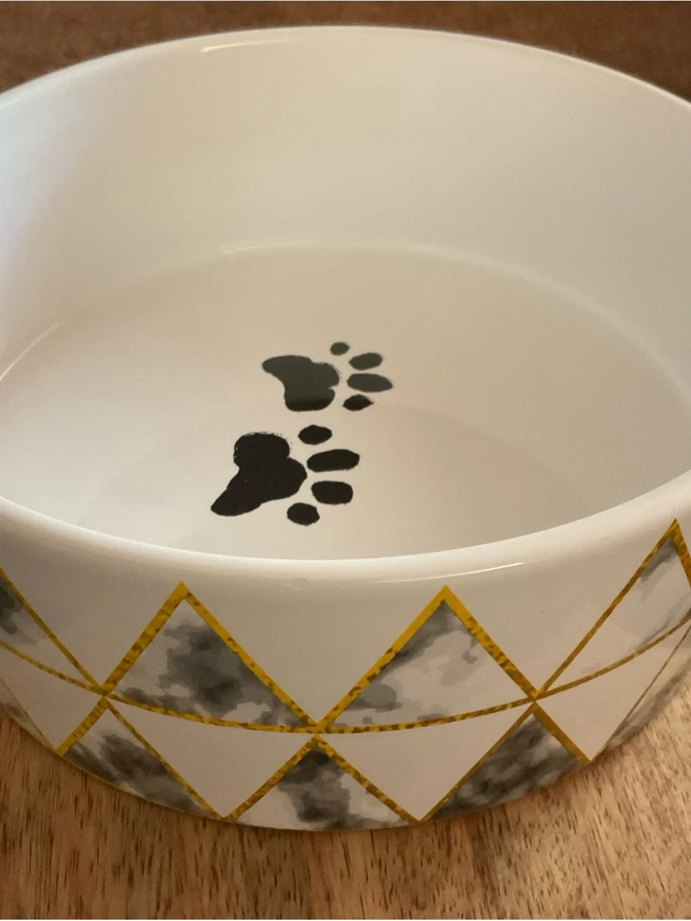 Paw print design Dog Bowl by Park Life Designs White/Gold/Gray Triangles 8.5”